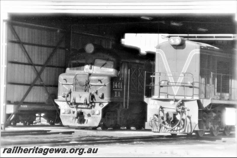 P21649
XA class 1401, RA class 1913, on shed, Merredin, EGR line, front and part side view
