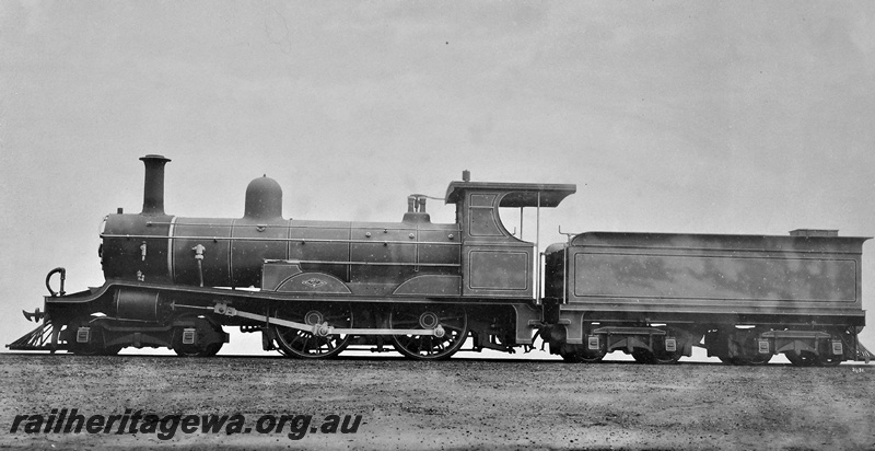 P22548
R class 144, 4-4-0 steam locomotive, builders photo, fully lined out livery, side view
