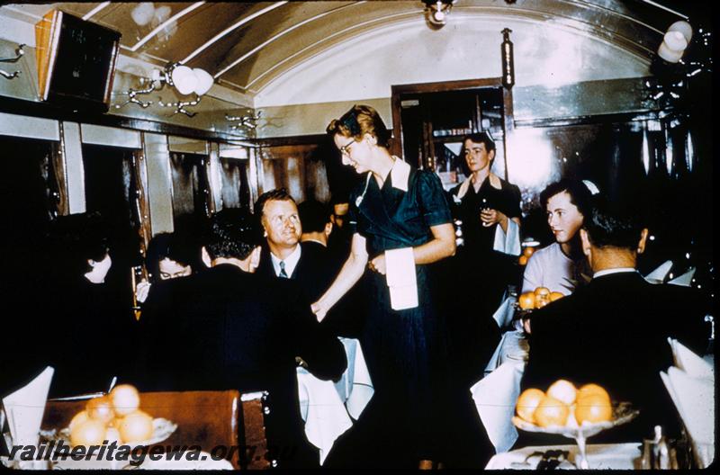 T00266
AV class dining car, Internal view waitress serving meal
