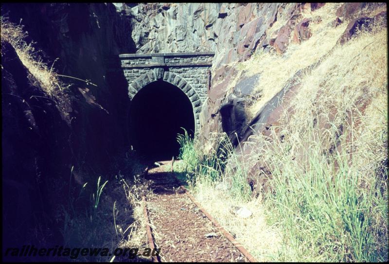 T03317
Tunnel portal, Swan View, ER line, western portal after closure but with rails still in situ. The tunnel was officially opened in 1896, closed in 1966 and is 340 metres (1116 feet) in length.
