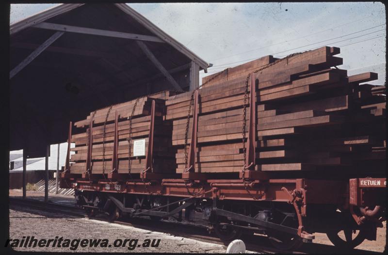 T03951
QBB class bogie bolster wagon loaded with timber, side and end view
