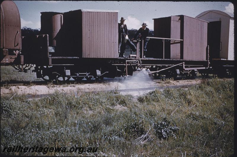 T03952
U class weed spraying wagon in action, end and side view
