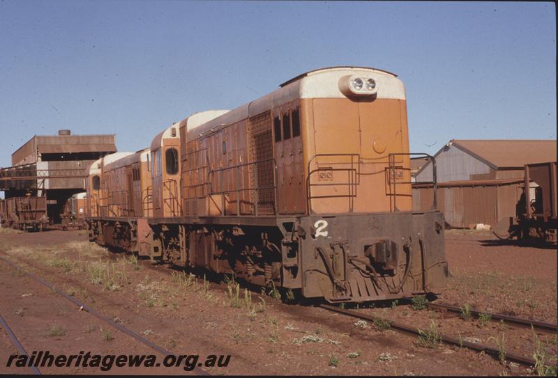 T04233
Goldsworthy Mining Limited B class No.2 and No.1 English Electric locomotives, similar to the WAGR H class, Goldsworthy workshops, GOLD line
