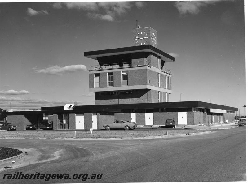 P00225
Yardmaster's Office and control tower, Forrestfield. Holden Monaro parked in front of building.

