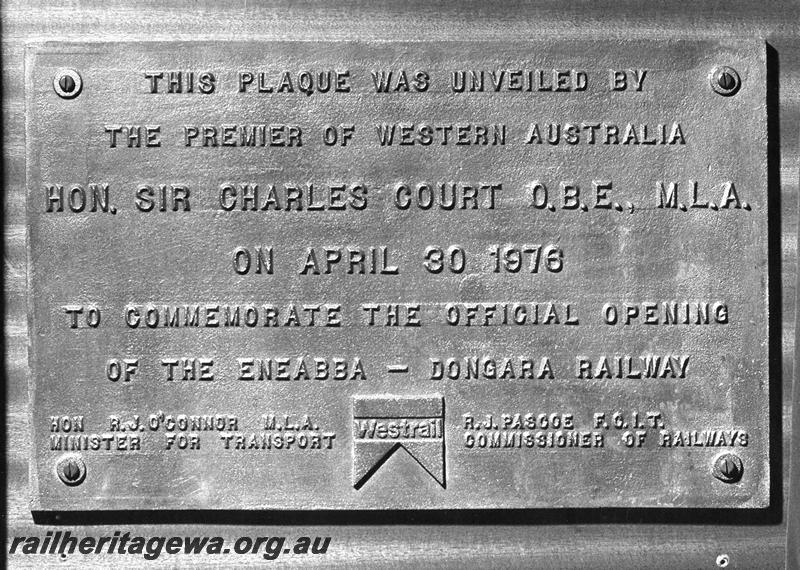P00241
Plaque to commemorate the official opening of the Eneabba to Dongara Railway
