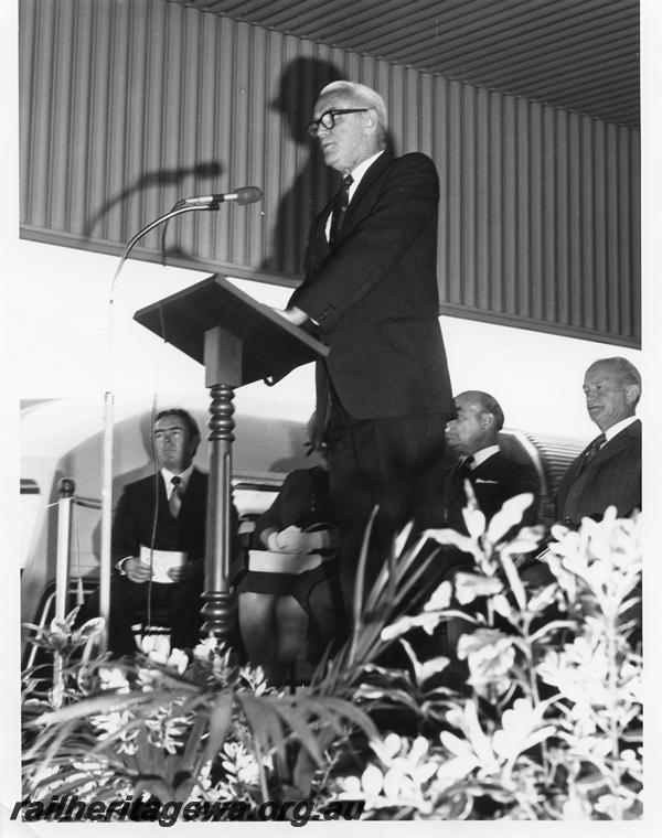 P00297
Ceremony for the launch of the Prospector railcar, East Perth Terminal, dignitary giving a speech. (ref: 