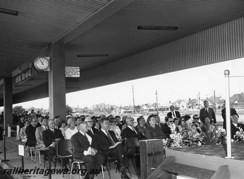 P00302
Ceremony for the launch of the Prospector railcar, East Perth Terminal, view of the invited guests sitting on the platform
