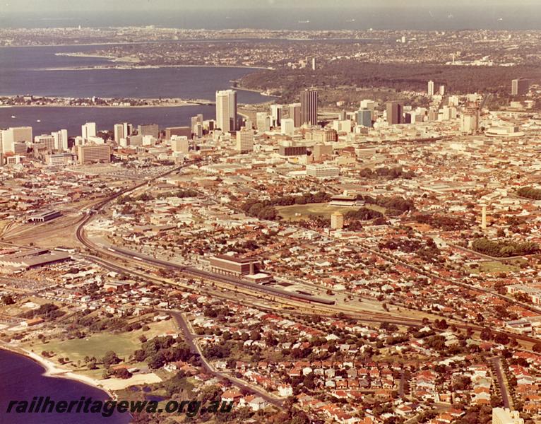 P00339
Westrail Centre, aerial view, shows the Perth skyline
