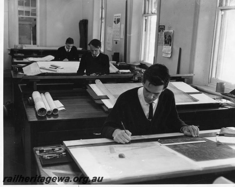 P00356
Drawing Office, Midland Workshops, draughtsmen at drawing boards
