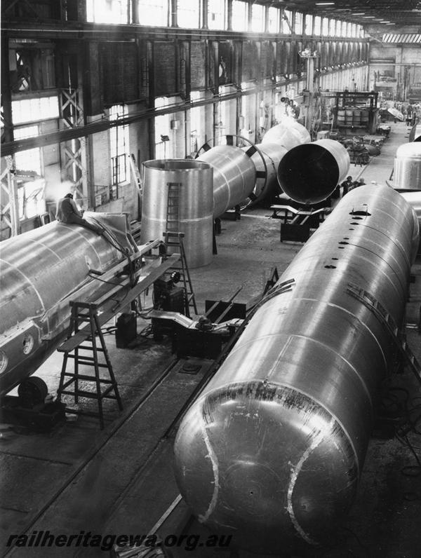 P00370
Aluminium tankers being constructed, Flanging Shop, Midland Workshops, elevated overall view of the shop
