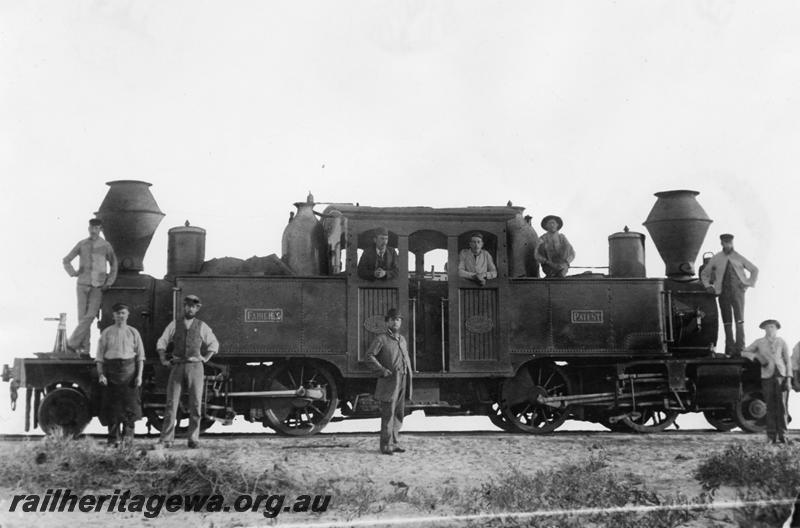 P00784
E class Fairlie No.2, later to be No.7. Geraldton, side view with all the Geraldton workshops staff in the view. The gentleman in the bowler hat is Mr Clough, the locomotive superintendent at Fremantle transferred to Geraldton to supervise the erection of Fairlie No.2

