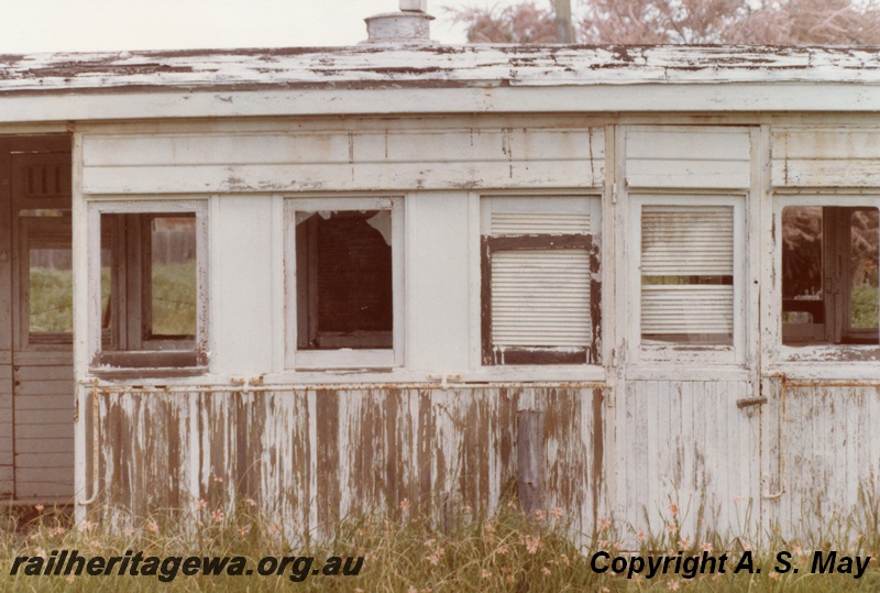 P01295
6 of 7 views of ex MRWA J class carriages abandoned on a property in South Guildford, now Rosehill, since demolished, view of two compartments
