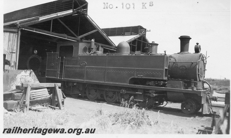 P01644
K class 101, Fremantle loco depot, side and front view, c1926
