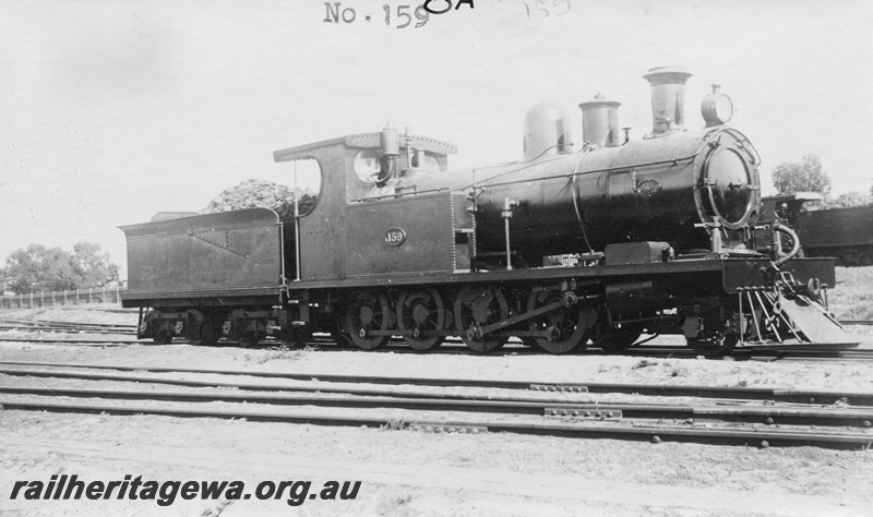 P01659
OA class 159, East Perth, ER line, vacuum brake silencer in front of cab, side and front view, c1926. Same as P10171
