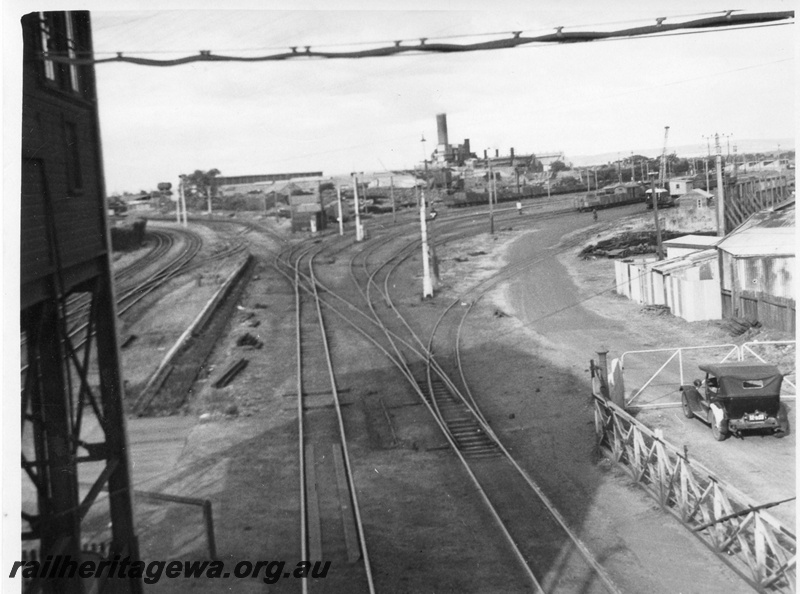 P01719
Looking eastwards from East Perth (Claisebrook) station, view from footbridge, multiple tracks, points, signals, ER line.

