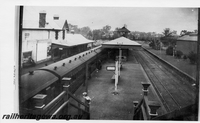 P01872
Station building, island platform, Claremont, view from footbridge looking west along the platform.
