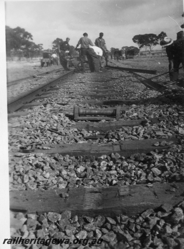 P02112
3 of 7 views of the early relaying of the track on the EGR, c1950, view shows the rails lifted from the sleepers, view along the track
