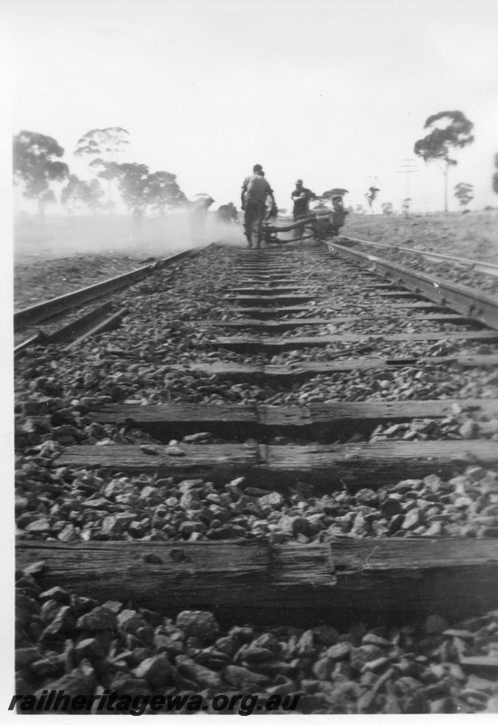 P02114
5 of 7 views of the early relaying of the track on the EGR, c1950, rails lifted from sleepers, view along the track
