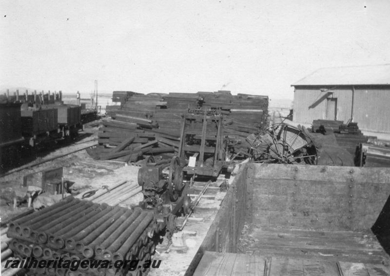 P02149
39 of 44 views of the construction of the railway at Esperance, CE line taken by Cedric Stewart, the resident WAGR engineer, construction materials and machines.

