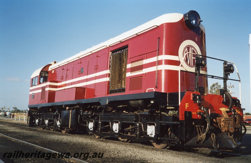 P02544
Restored Midland Railway F class 40 diesel locomotive, side and front view, Forrestfield.
