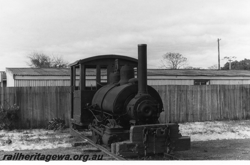 P02647
1 of 2, Kia-Ora steam locomotive, side and front view, Bunbury Technical school, c1960
