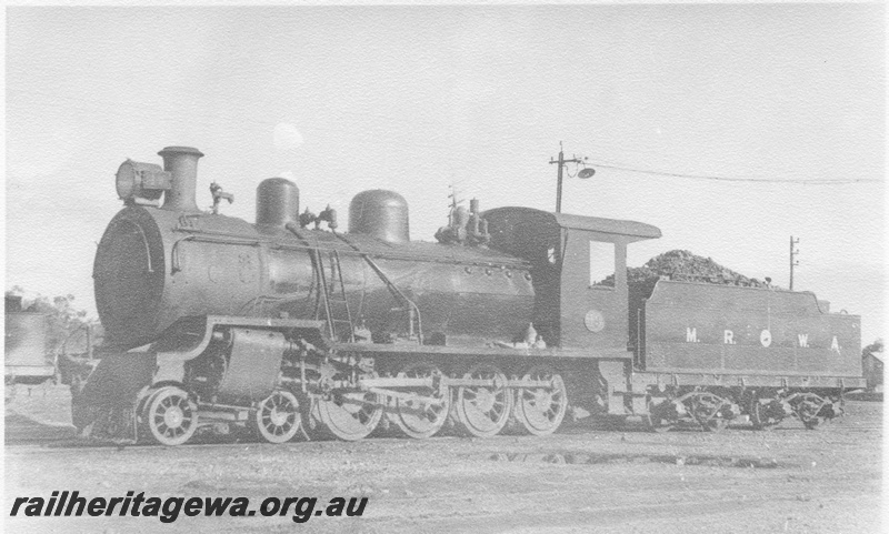 P02935
MRWA D class 19 steam locomotive, front and side view, Midland railway yard, Midland, c1960.
