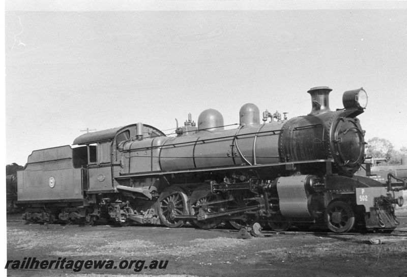 P03249
P class 502 steam locomotive with bobtail tender, side and front view.
