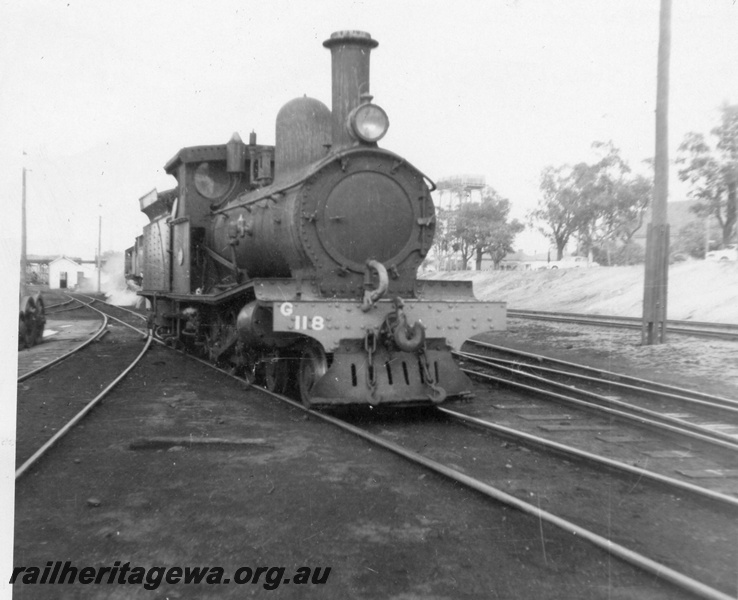 P03446
G class 118 steam locomotive, front view, shunting at East Perth loco sheds, ER line.
