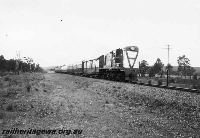 P03508
Y class 1113 Bo-Bo diesel electric shunting locomotive hauling ARHS Twilighter Tour, Australind carriages, side and front view, Mundijong, SWR line.
