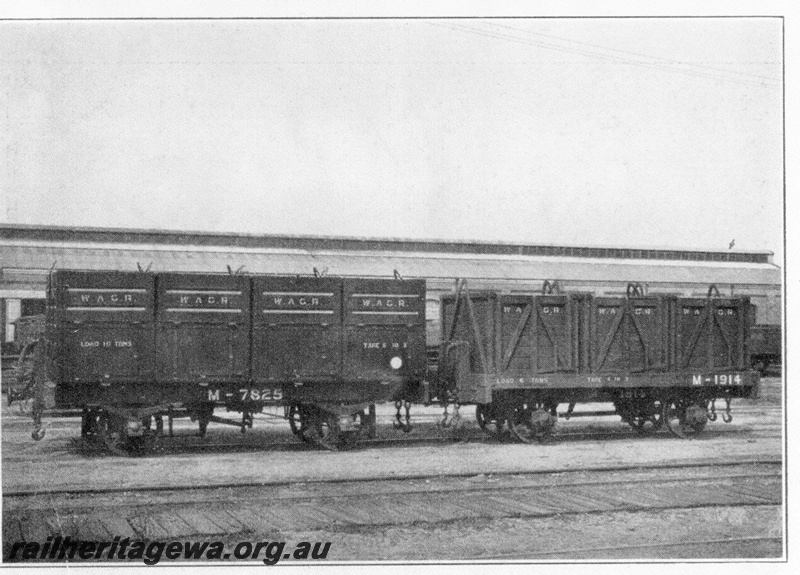 P03517
M class 7825 as new before being reclassified to MA class in 1929  and M class 1914 coal box wagons, side view, Midland Workshops.
