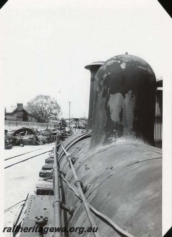 P04605
Millars loco No.72 at Yarloop, view along the top of the boiler.
