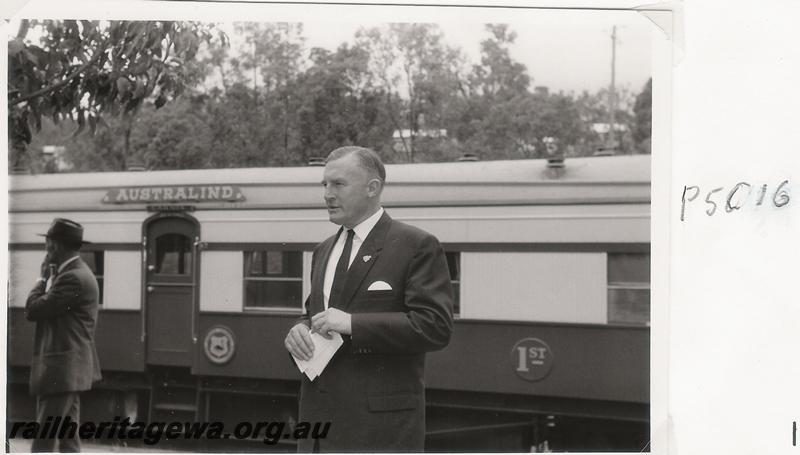 P05016
Mr Charles Court, Minister for Railways, possibly on the day of the inauguration of the Standard Gauge construction
