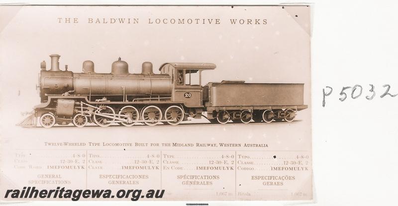 P05032
MRWA D class 20 Baldwin steam loco, manufacturer's photo with specifications
