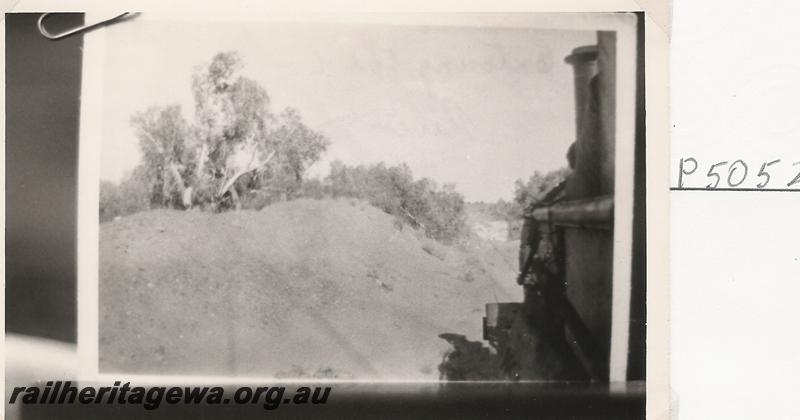 P05052
Train about to cross flooded track, Shaw River?, Port Hedland to Marble Bar Railway, PM line, copy photo
