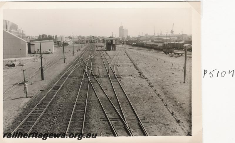 P05107
Trackwork, signal box Fremantle Box B, tracks leading to warehouses, Fremantle Yard, looking west

