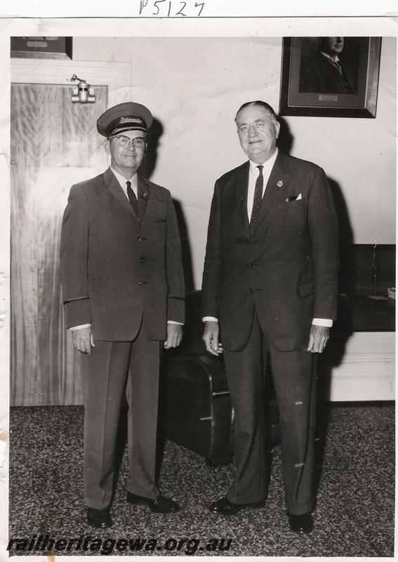 P05127
Commissioner of Railways Mr. C. G. C. Wayne, Assistant Station Master Perth, T. C. H. Lockley, standing together.
