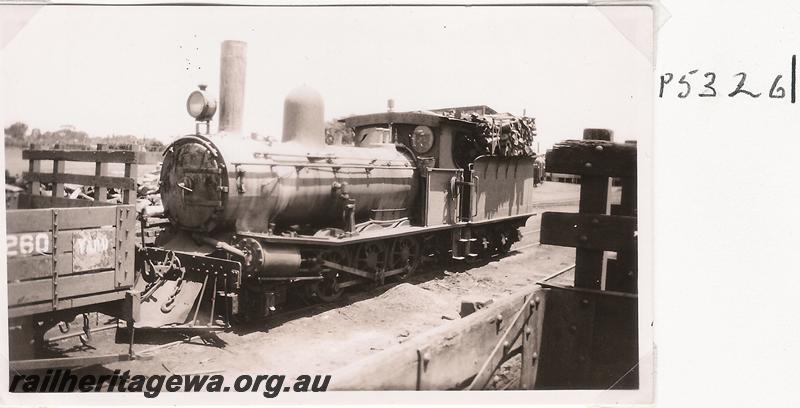 P05326
WA Goldfields Firewood Co. G class 7, 2-6-0 steam loco, front and side view, Kurrawang, 
