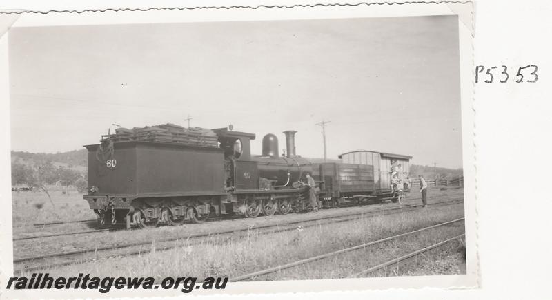 P05353
Millars loco No.60, Mornington to Wokalup line, with an open wagon and a passenger van on the train
