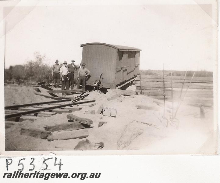 P05354
MRWA Bogie van derailed at 144 mile MR line near Marchagee, date of derailment 20/6/1936, end and side view
