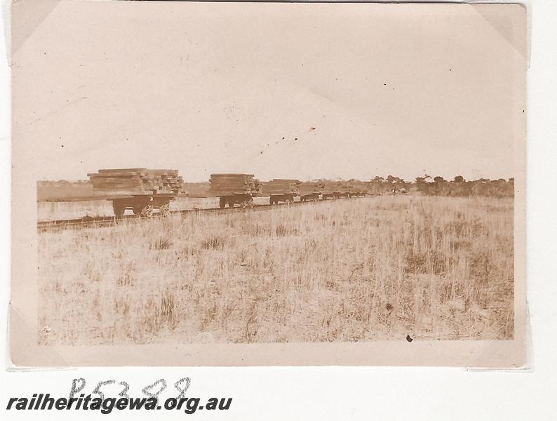 P05388
Railway construction from Lake Grace to Newdegate, sleepers being transported, WLG line
