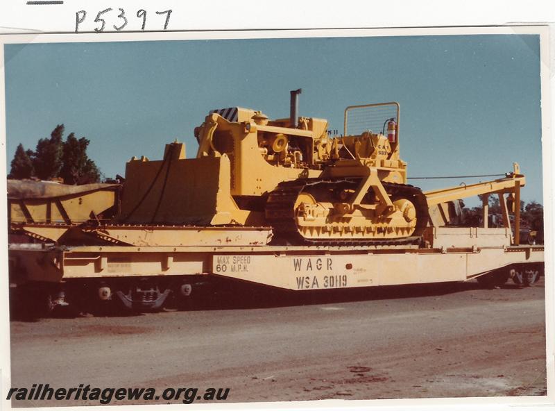 P05397
WSA class 30119 Wreckmaster Standard Gauge flat wagon with bulldozer, side view
