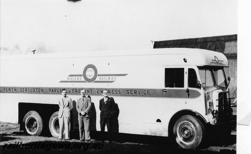 P05742
MRWA Road Service AEC road van with employees posing in front. ARHS member Barrie Peacock first on the left
