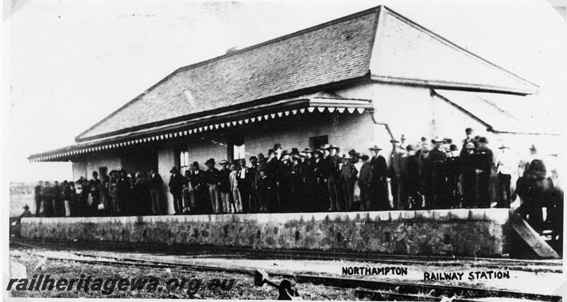 P05767
Station building, Northampton, GA line, crowd on platform are waiting for the first train, same as P13629
