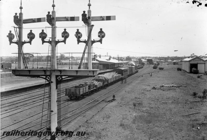 P05768
Signals, yard, station, goods shed, Northam, ER line, elevated view looking east, rear view of the signals.
