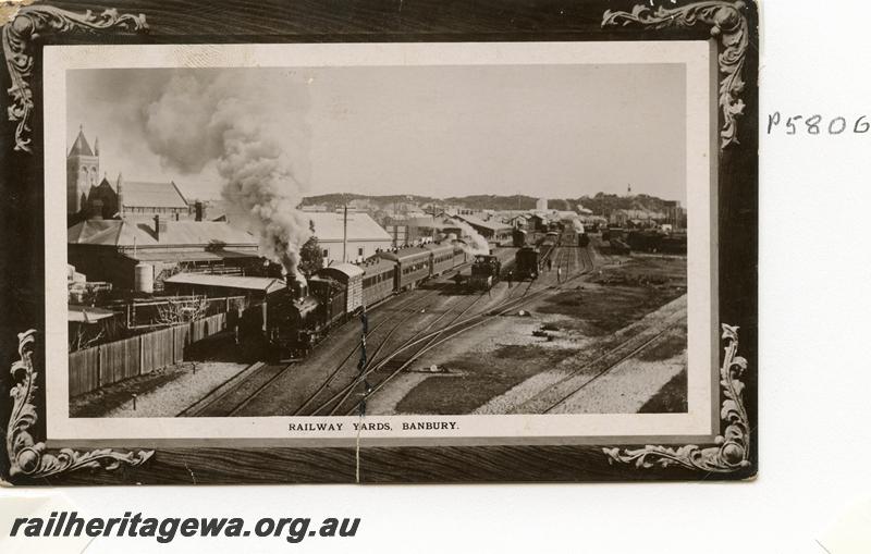 P05806
Station yard, Bunbury looking west, with passenger train in view, postcard.
