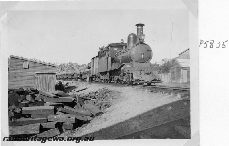 P05835
G class, Jarrahdale, hauling a log train entering mill 
