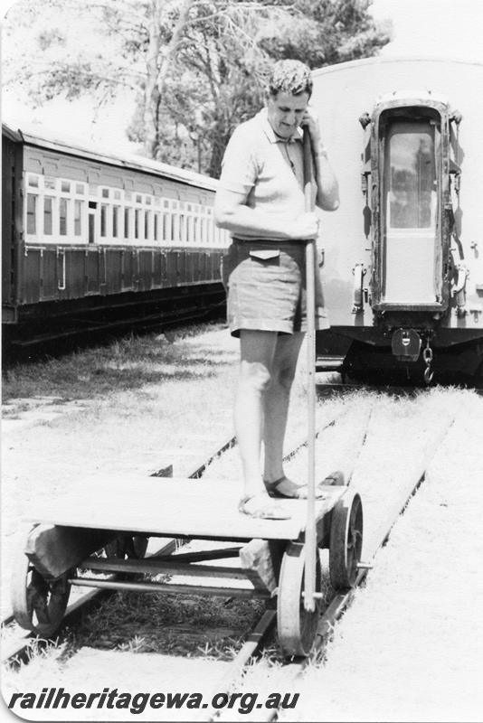 P05927
ARHS President, Noel Zeplin, Rail Transport Museum, on trolley
