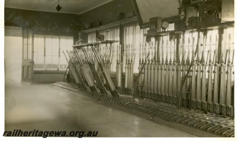 P06267
Signal box, East Perth, interior view of levers
