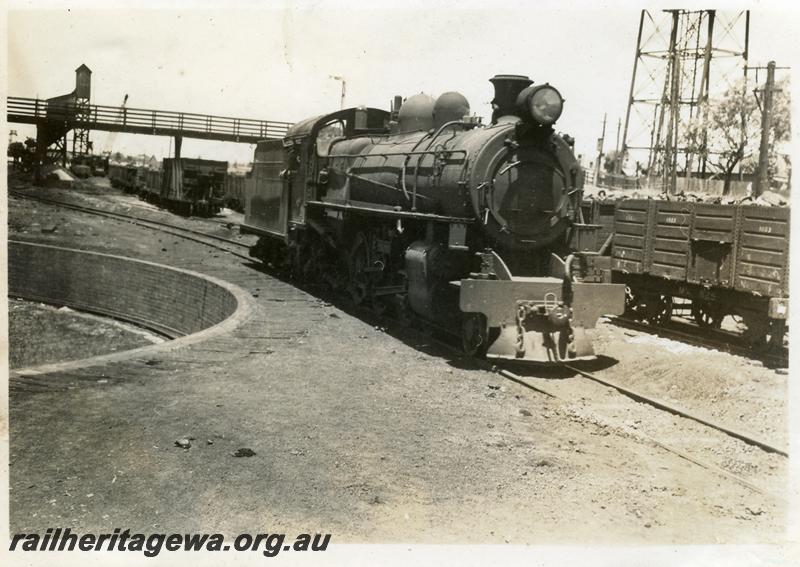 P06308
P class, East Perth Loco Depot, side and front view, M class 825 coal wagon in background
