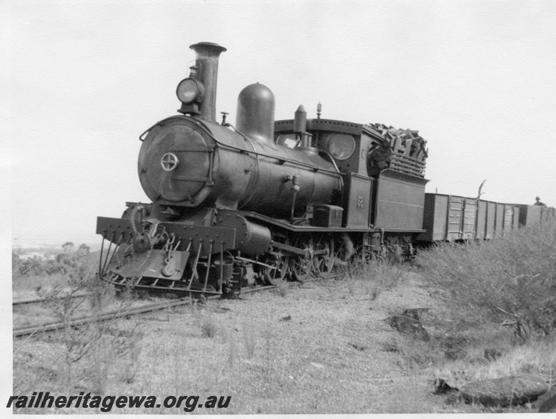 P06574
Millars loco No.58, Jarrahdale, front and side view, on short goods train
